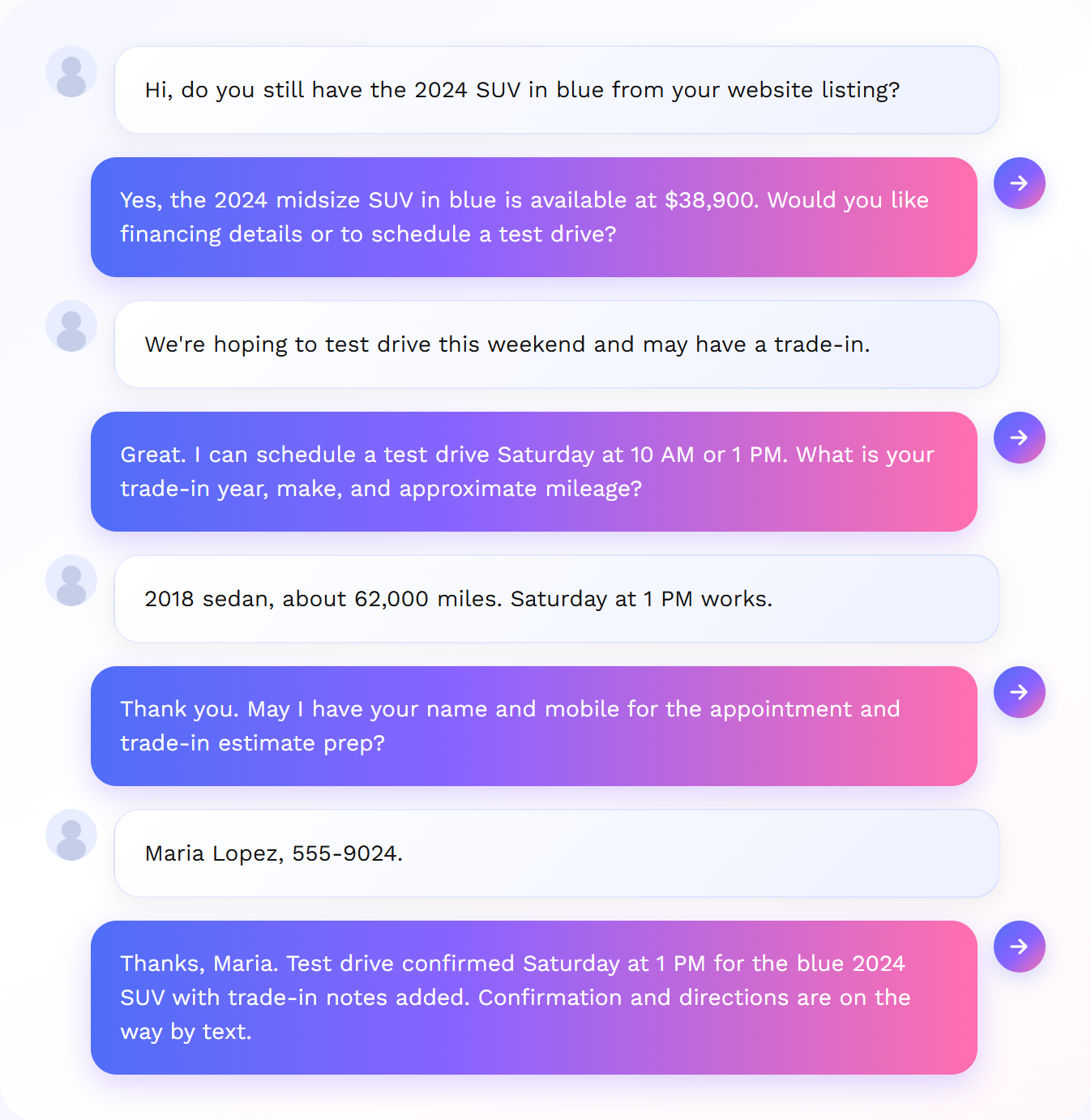 Vehicle sales call: AI qualifies buyer and books a test drive with trade-in