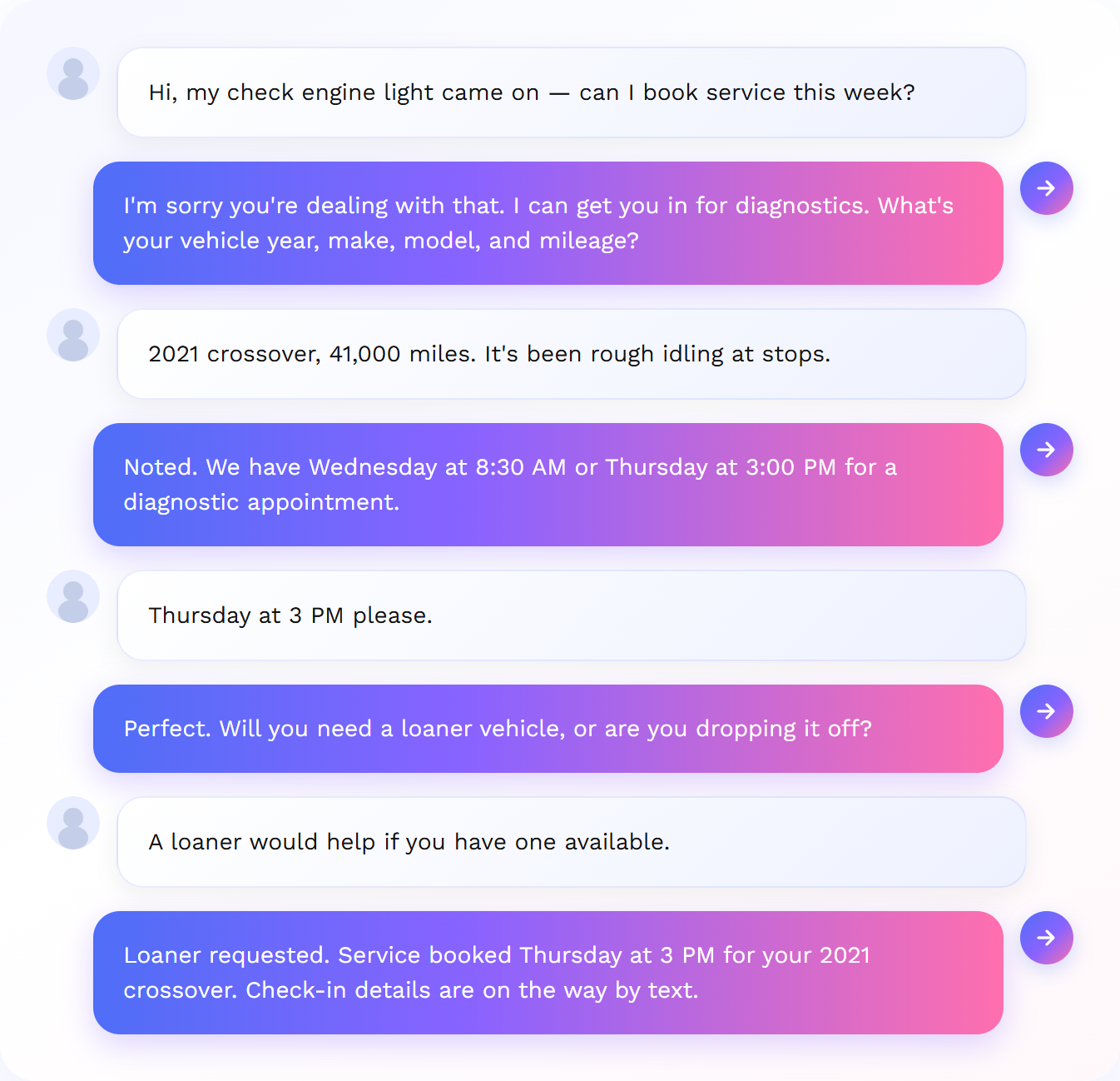 Service call: AI books diagnostic appointment and requests a loaner