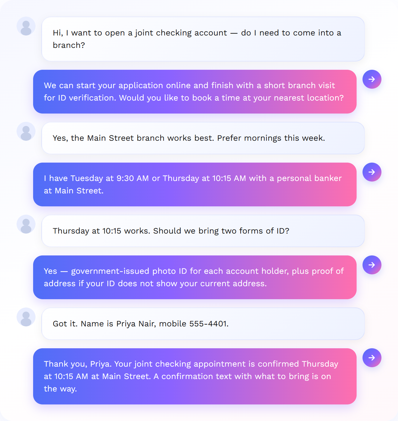 Retail banking call: AI books a joint checking account visit at a branch