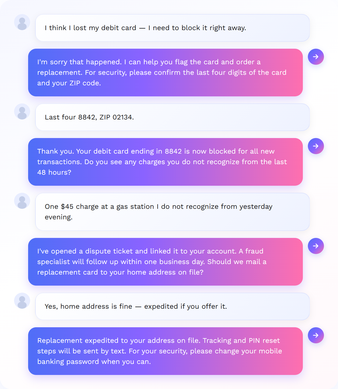Support call: customer reports a lost debit card; AI blocks the card and orders a replacement