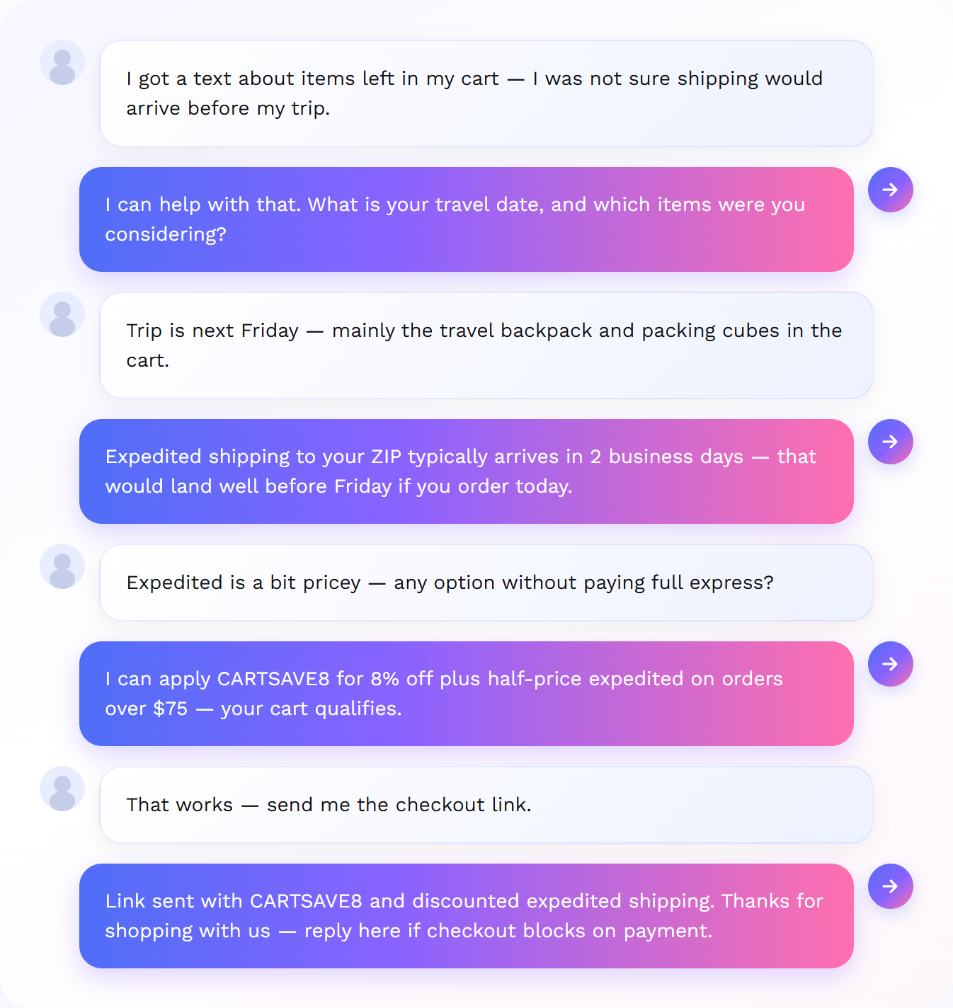 Retention call: shopper left a cart; AI offers faster shipping and a cart-save code to complete purchase