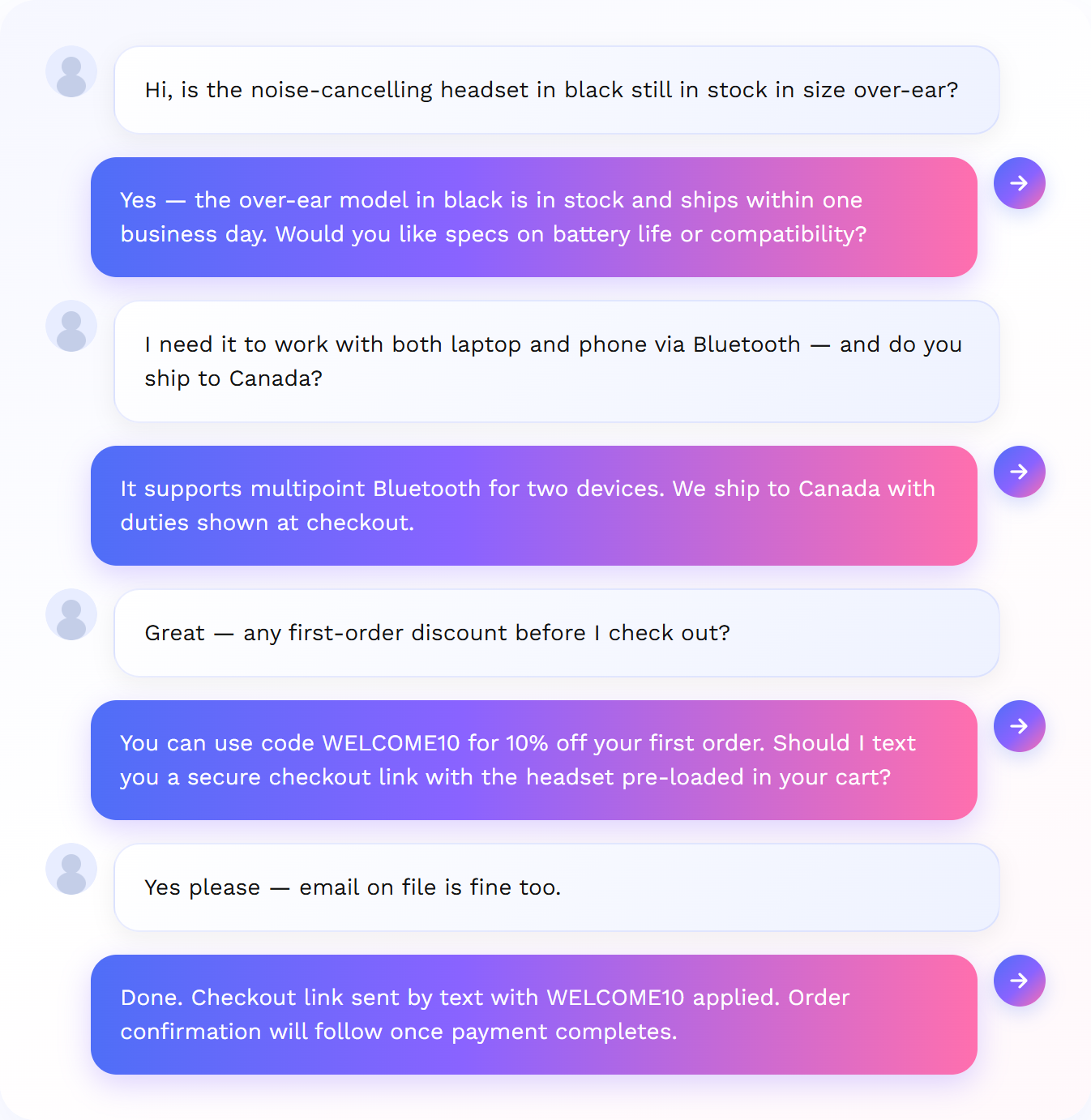 Sales call: shopper asks about product stock and shipping; AI sends a checkout link with a welcome discount