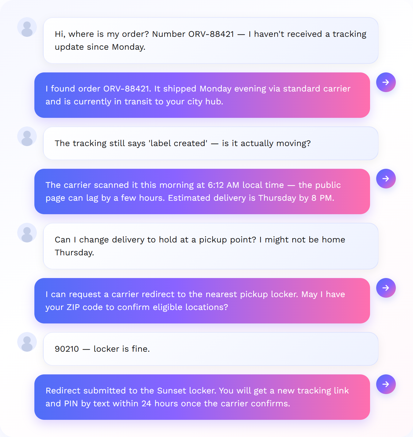 Support call: customer asks for order status and delivery updates; AI arranges pickup-locker redirect