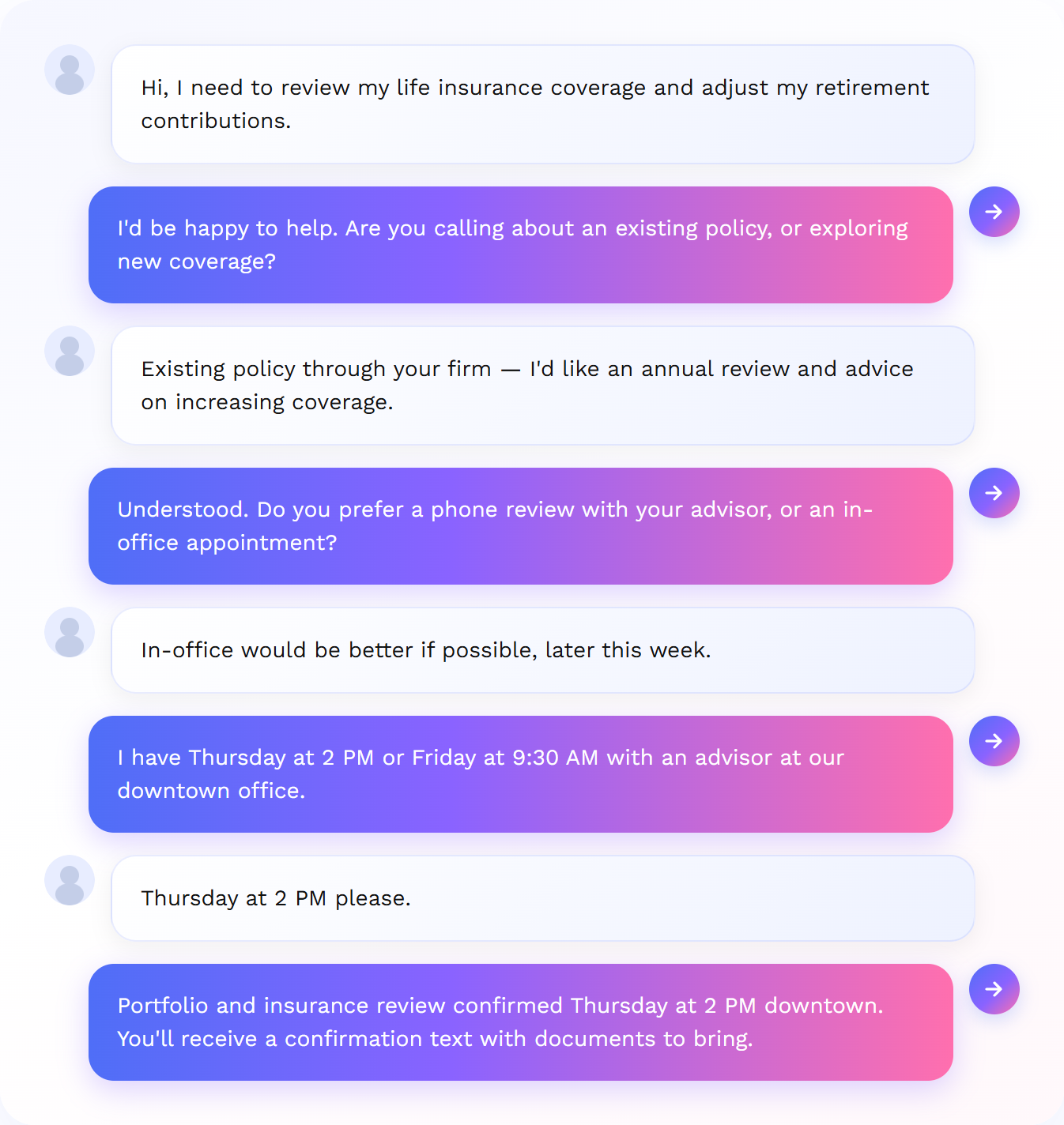 Insurance and advisory call: AI schedules portfolio and coverage review