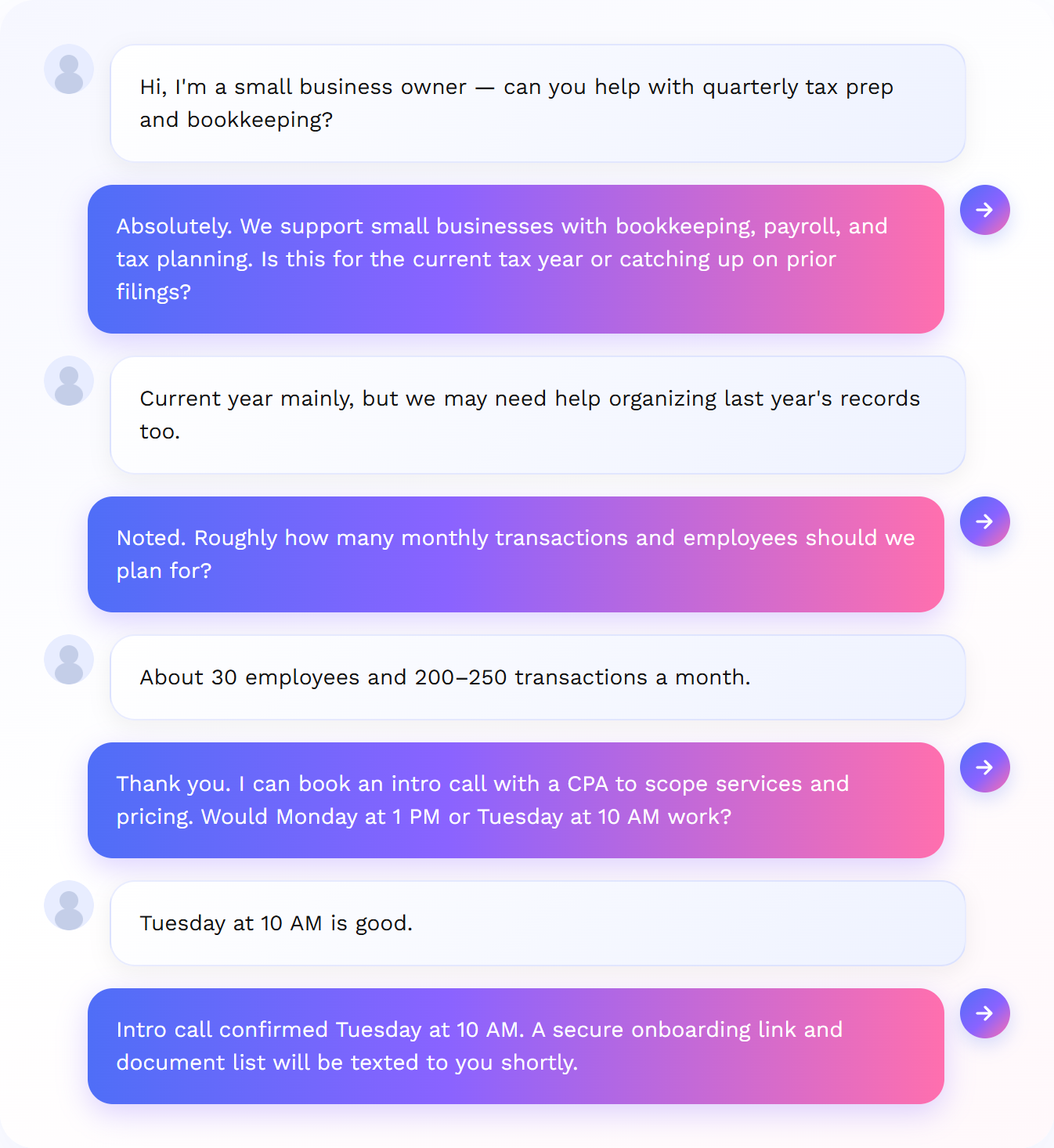 Accounting support call: AI scopes tax and bookkeeping needs and books CPA intro