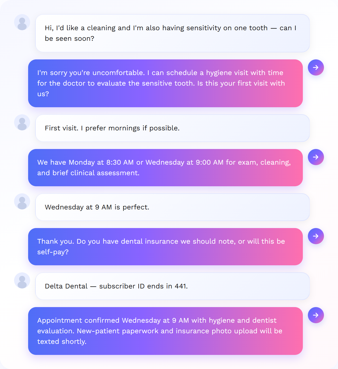 Dental clinic call: AI schedules cleaning and evaluation for tooth sensitivity