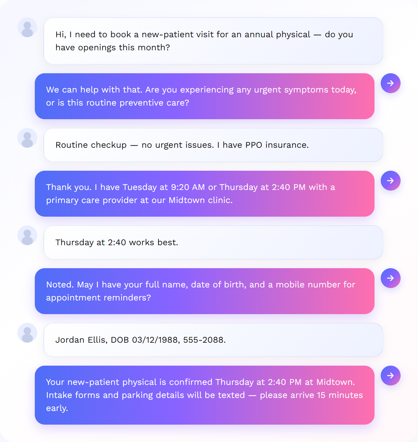 Medical practice call: AI books a new-patient annual physical with intake reminders