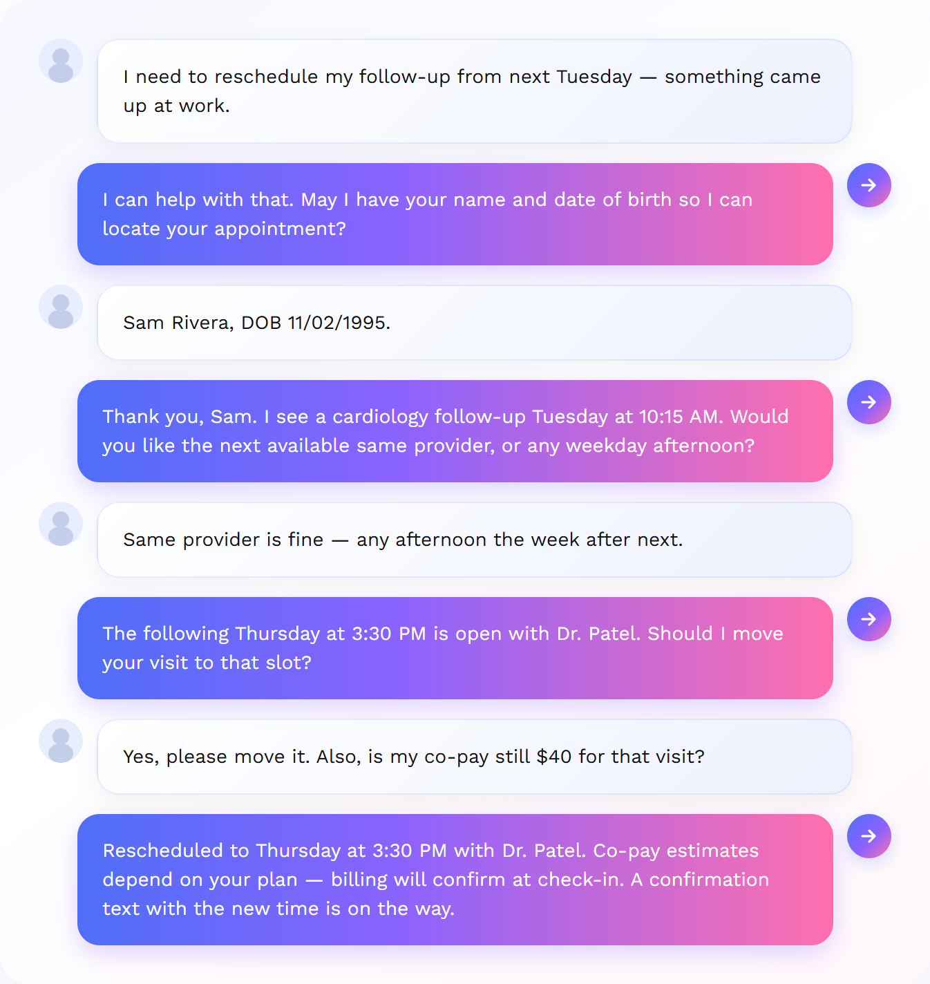 Patient support call: AI reschedules a follow-up visit and answers billing questions