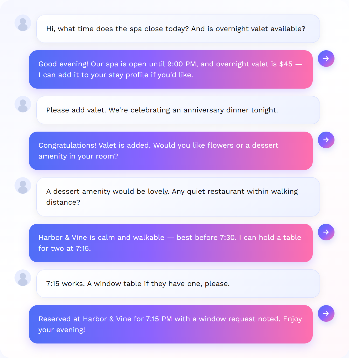 Concierge call: AI answers spa hours, valet parking, and local dining for a hotel guest