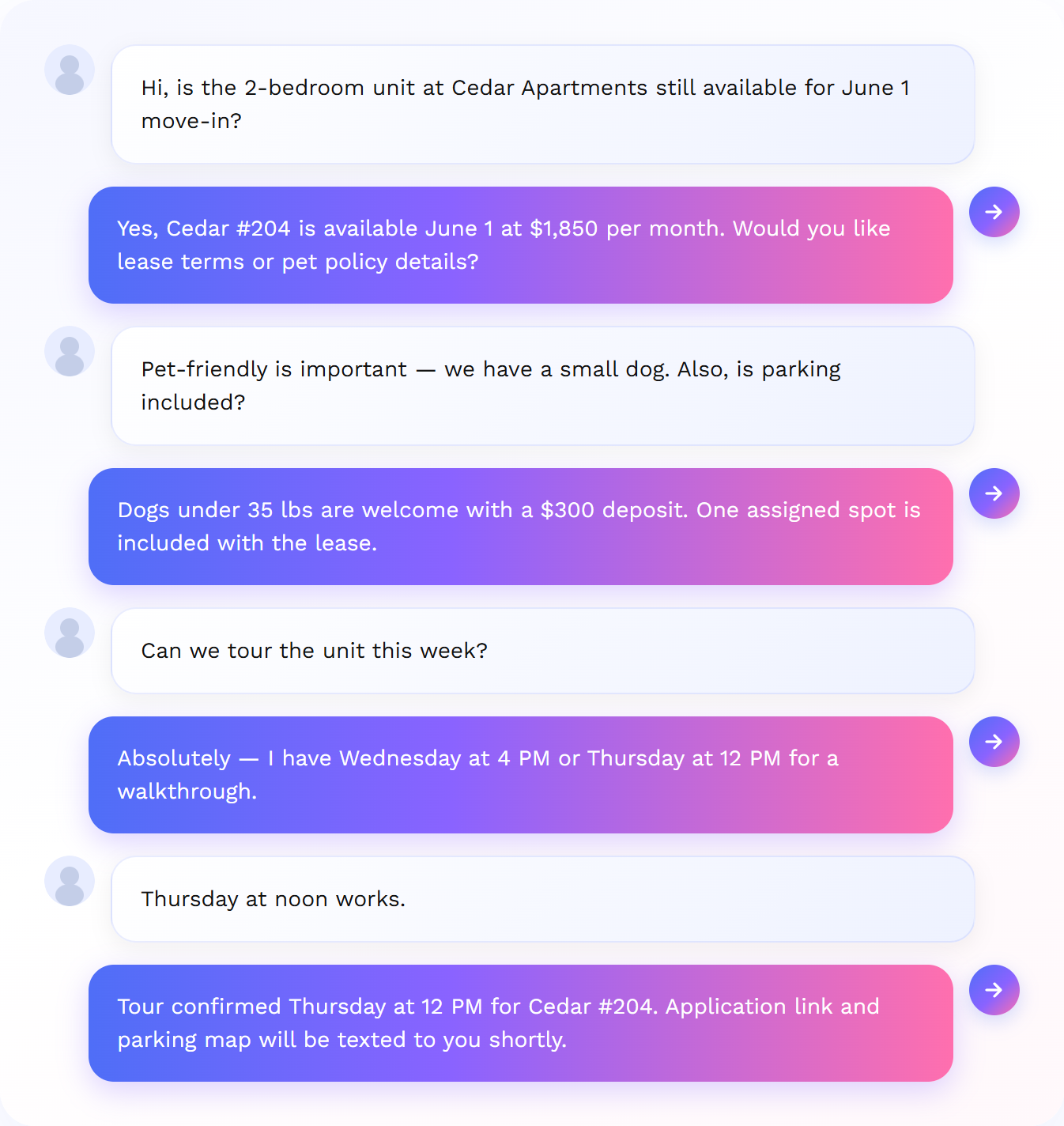 Rental inquiry call: AI answers lease questions and books a unit tour