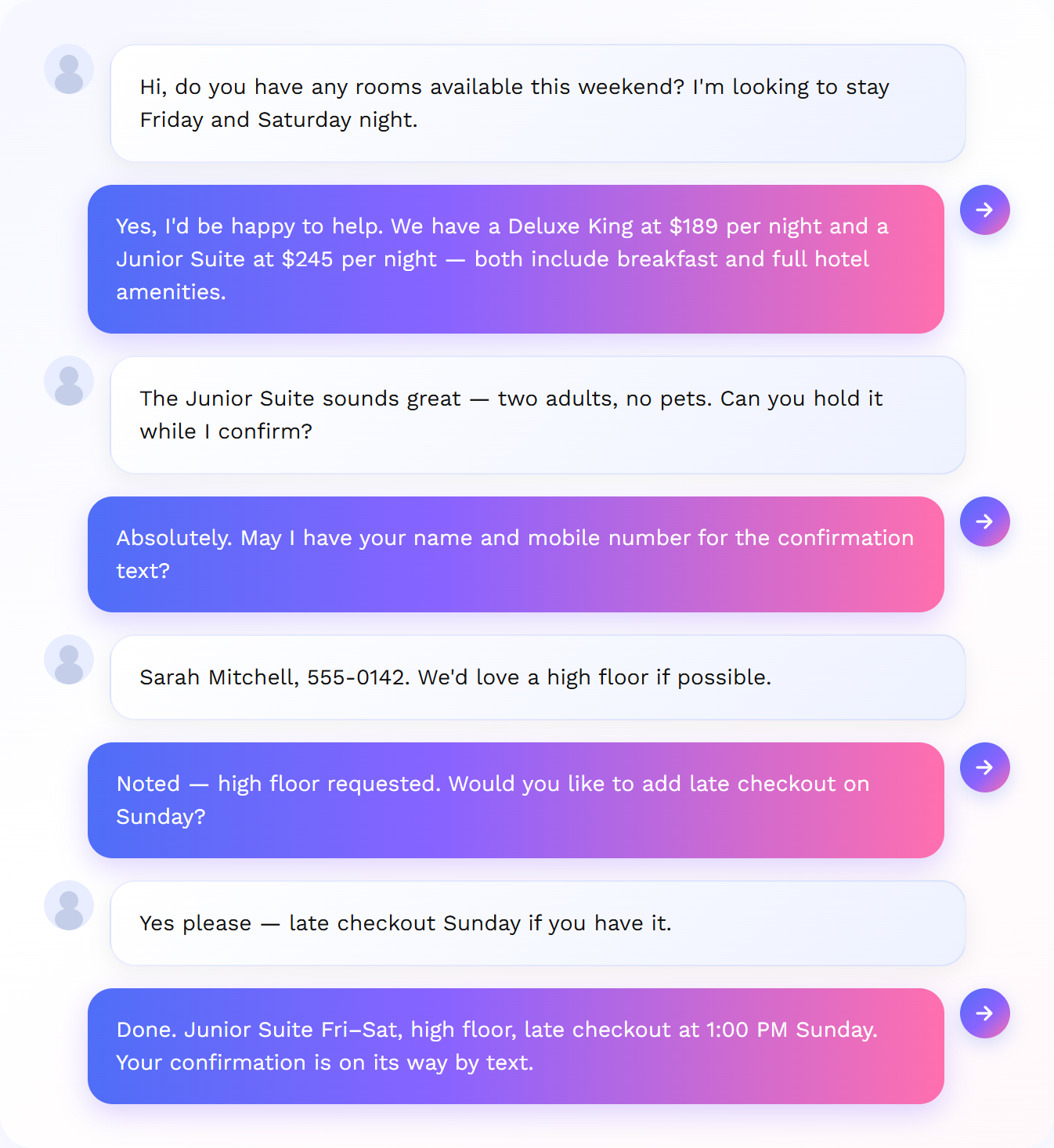 Reservation call: AI checks availability, room rates, and confirms booking with late checkout