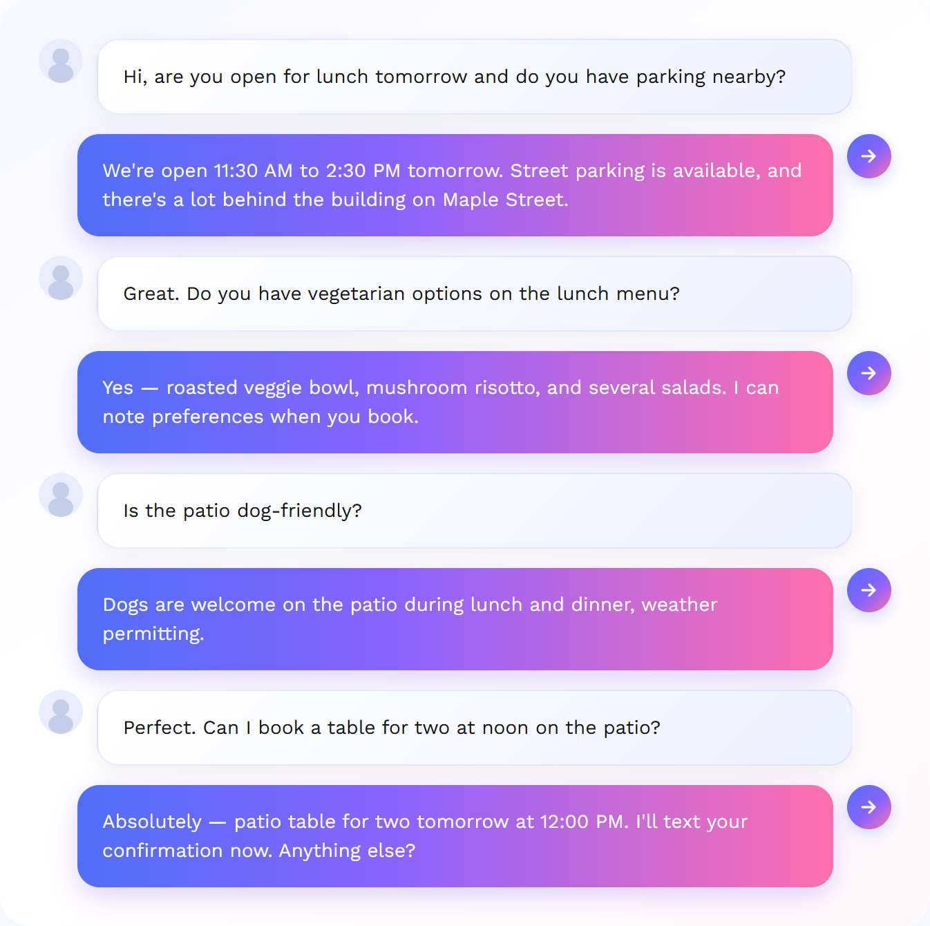 Guest inquiry call: AI answers hours, parking, menu, and books a patio table