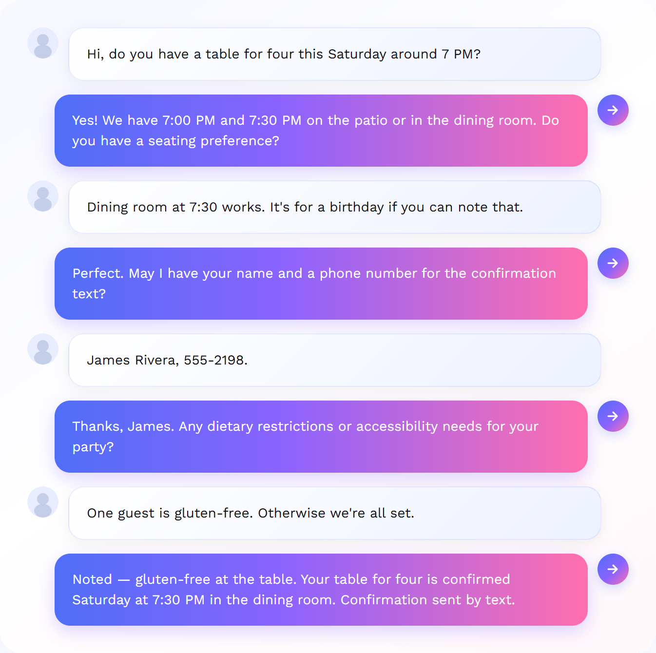 Restaurant reservation call: AI books a table for four with dietary notes and text confirmation