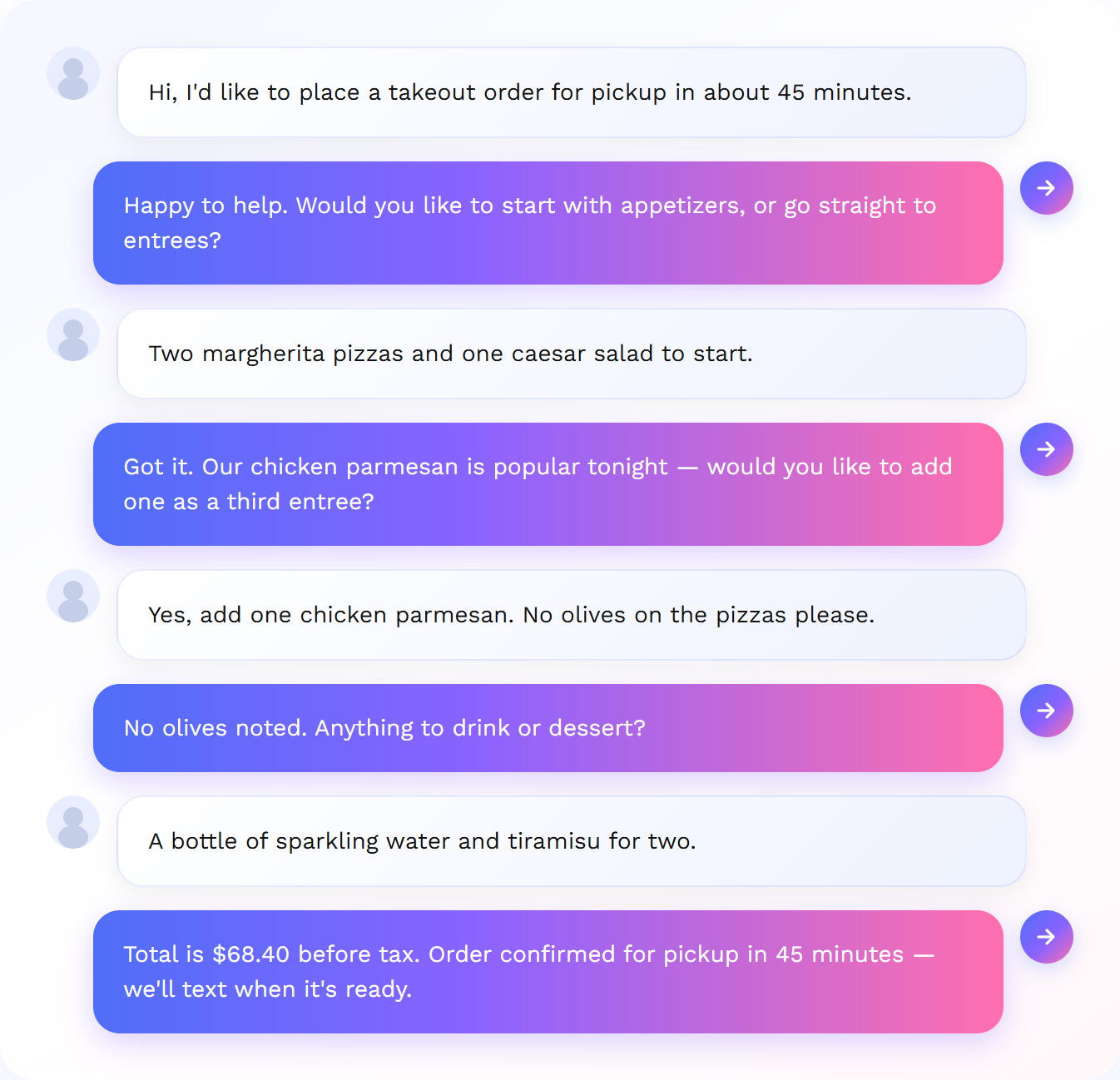 Takeout call: AI takes order, suggests add-ons, and confirms pickup by text